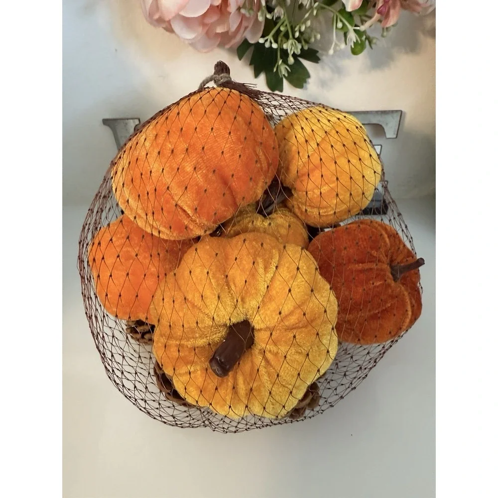 Fall 16 Pcs Velvet Pumpkin and Pinecones Net Bag Decoration Set Assort Sizes New
